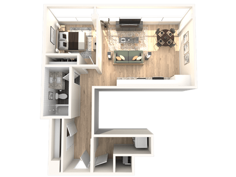 A 3D rendered image of a house layout.